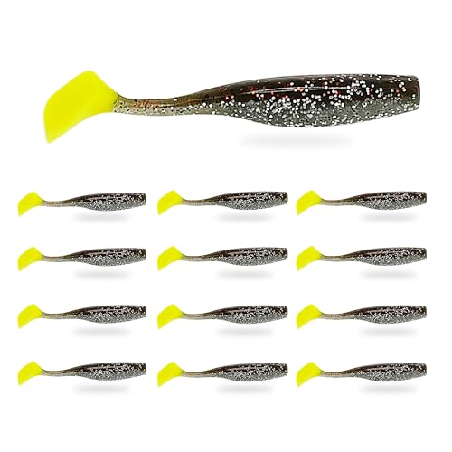 Soft Plastic Paddle Tail Swimbaits – 3 1/4", 4" & 5" Soft Plastic Fishing Lures with Extra-Large Tail for Lifelike Swimming Action – Freshwater & Saltwater - color: Oliver Twist with Chartreuse Tail, size: 3 1/4 Inch - 12 Pack