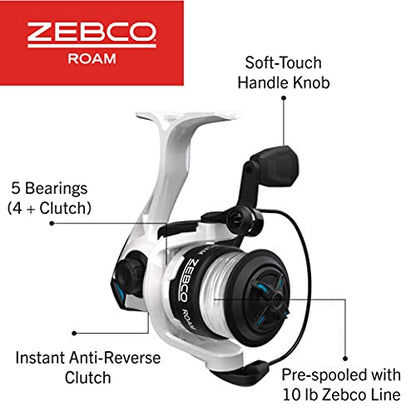 Zebco Roam Spinning Reel and Fishing Rod Combo, 6-Foot Fiberglass Fishing Pole, Split ComfortGrip Handle, Soft-Touch Handle Knob, Changeable Right- or Left-Hand Retrieve - style: Size 30 Reel - 6'6" Rod - Blue