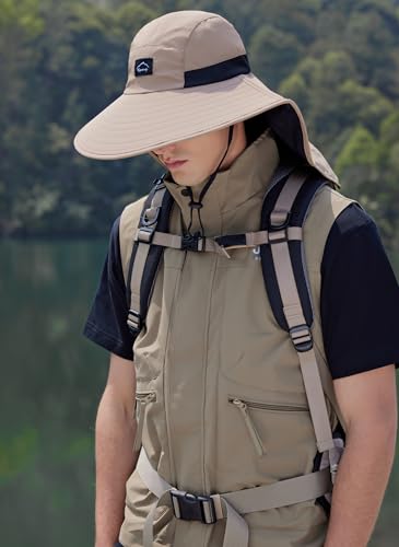 HUAMULAN Men Summer Sun Hat Women Safari Wide Brim Fishing Hats UV Protection Neck Flap Bucket Gardening Hiking Hunting Cap - color: Khaki With Black Mesh