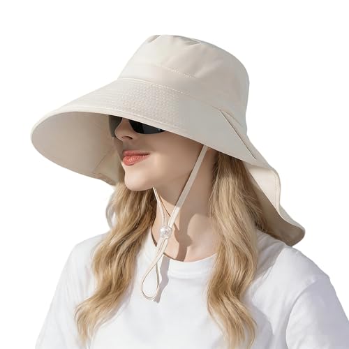Women Wide-Brim-Bucket-Ponytail-Sun-Hats - Summer UV Protection Sun Hat Foldable Fishing Hat with Neck Flap Pony Hole