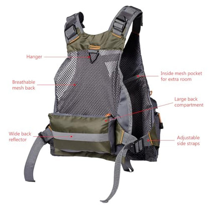 BASSDASH Strap Fishing Vest Adjustable for Men and Women, for Fly Bass Fishing and Outdoor Activities - color: Army Green