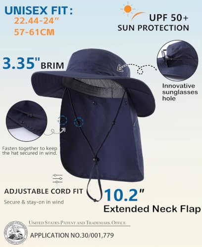 Home Prefer UPF 50+ Wide Brim Sun Hats with Neck Flap Sun Protection Hat for Men Women Gardening Fishing Summer Bucket Hat - color: Navy Blue