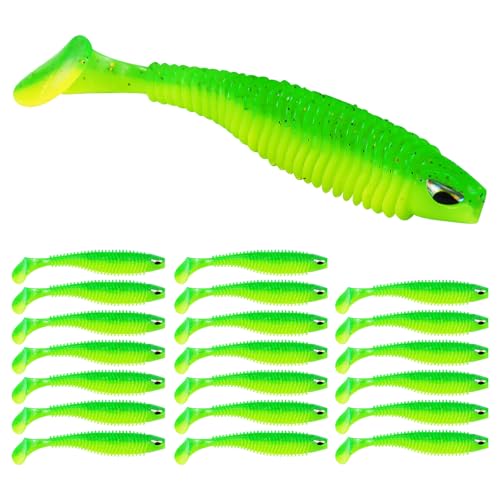3D Eyes Paddle Ribbed Bait, 2.5in 3in 4.1in Soft Plastic Paddle Tail Swimbaits Fishing Lures for Bass Fishing Freshwater Saltwater 12/20/25 PCS - color: Green, size: 3in(8cm)-20PCS