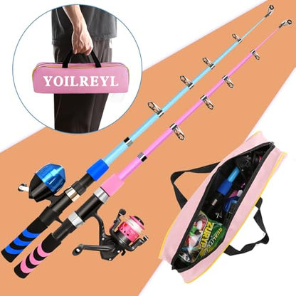 Collapsible Telescopic Fishing Rod and Reel Combo Push Button Small Fishing Pole Kit Beginner Youth Boys Fishing Starter Set Tackle - color: Pink+blue, size: 5.9FT
