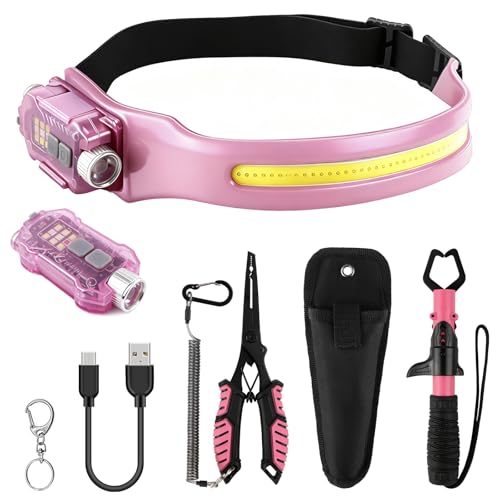 mouhike Pink Fishing Tool Set, 9 Modes Rechargeable LED Headlamp, Long Nose Fishing Pliers, Fish Lip Gripper, Night Fishing Gear Kit Fishing Gift for Men Women
