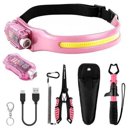 mouhike Pink Fishing Tool Set, 9 Modes Rechargeable LED Headlamp, Long Nose Fishing Pliers, Fish Lip Gripper, Night Fishing Gear Kit Fishing Gift for Men Women