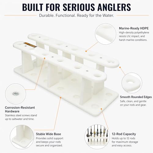 Heavy-Duty HDPE Fishing Rod Holder Rack for 12 Rods – Deck & Dock Mount Rod Storage with Stainless Steel Hardware, Wide Spacing Design for Large Reels, UV & Corrosion Resistant - size: 12 Rods