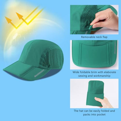 BASSDASH UPF 50+ Foldable Fishing Hat Baseball Cap with Removable Neck Flap Portable for Men Women Golf Hiking - color: Aqua Green With Foldable Brim