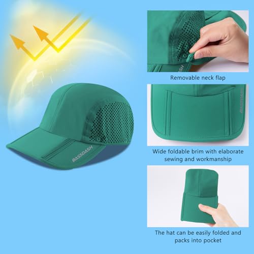 BASSDASH UPF 50+ Foldable Fishing Hat Baseball Cap with Removable Neck Flap Portable for Men Women Golf Hiking - color: Aqua Green With Foldable Brim
