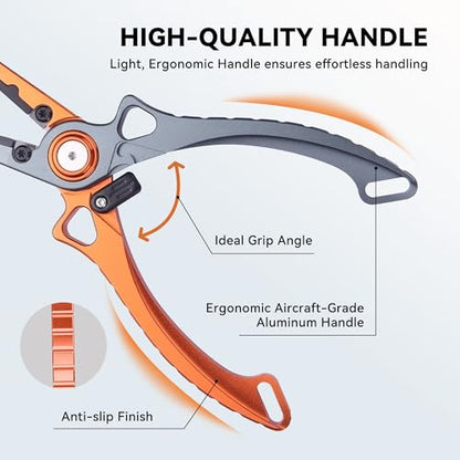 Fishing Pliers Hook Remover, Saltwater Split Ring Pliers with Safety Lock, Fishing Gear with Sheath and Lanyard, Fishing Gifts for Men - color: Orange