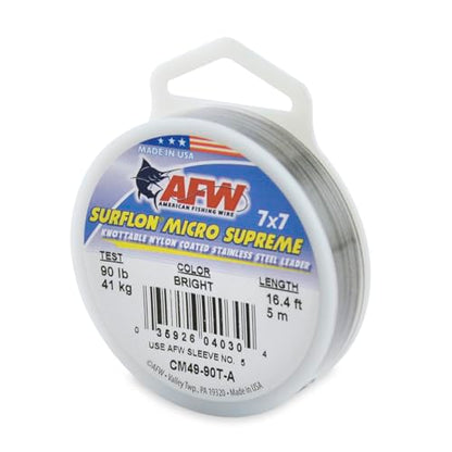 American Fishing Wire Surflon Micro Supreme Nylon Coated 7x7 Stainless Steel Leader Wire - Knottable Wire Leaders for Fishing Saltwater, Fly Fishing, 13lb Test - 90lb Test, Bright, Black & Camo Colors - color: Bright, style: 5 Meter, 90 Pound Test