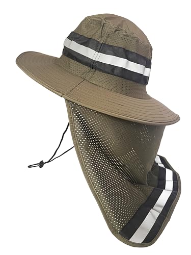 Men's Wide Brim Boonie Bucket Sun Hat with Neck Flap, High Visibility Reflective Stripes, UV Protection - color: Army Green