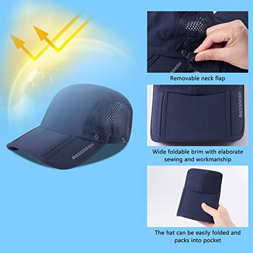 BASSDASH UPF 50+ Foldable Fishing Hat Baseball Cap with Removable Neck Flap Portable for Men Women Golf Hiking - color: Dark Blue With Foldable Brim