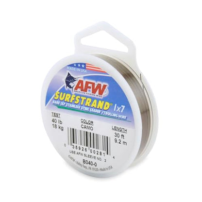 American Fishing Wire Surfstrand Bare 1x7 Stainless Steel Leader Wire - Fishing Leader Line for Saltwater, 20lb Test - 325lb Test in Bright, Camo in 30ft, 300ft, 600ft and 1,000ft Lengths - color: Camo, size: 40 lb / 30 ft