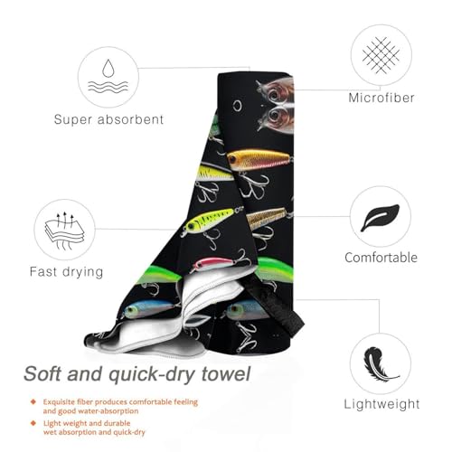 Fishing Lure Quick Dry Microfiber Towel with Carabiner and Pouch,Lightweight Compact Travel Towel for Camping,Gym,Hiking - size: 27.5"x55"