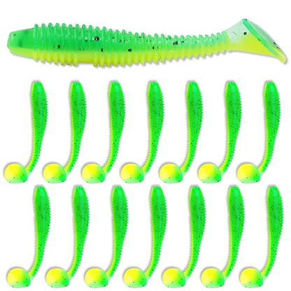 Soft Plastic Paddle Tail Swimbaits Pack of 15 – 3" Soft Plastic Fishing Lures with Extra-Large Tail for Lifelike Swimming Action – Freshwater & Saltwater - color: Green-yellow
