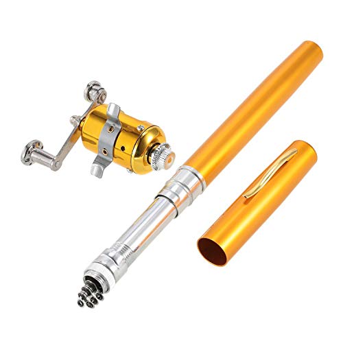 Jatzde Mini Portable Pocket Fish Rod Pen Aluminum Alloy Fishing Rod Pole Reel Combos… - color: Gold