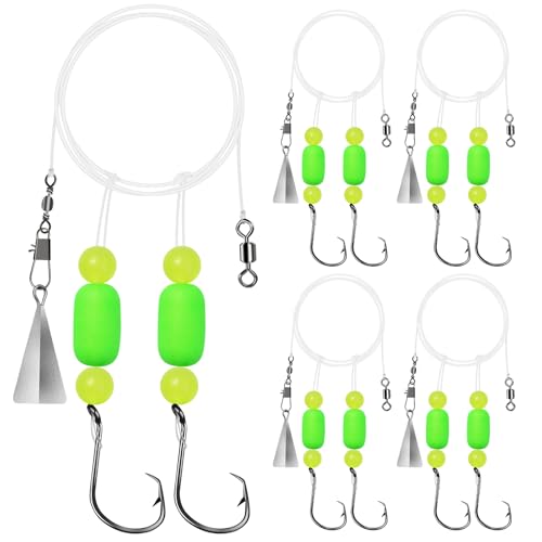 Pompano Rigs for Surf Fishing Saltwater Floats Catfishing Pompano Fishing Rigs with Double Circle Hooks and Pyramid Sinker 5pcs/8pcs - color: green -5pcs