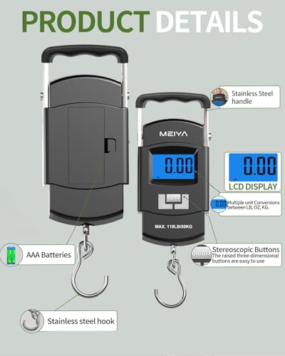 MEIYA Fish Scale 110lb/50kg Digital Fishing Scale with Backlit LCD, Portable Handle, Stainless Steel Hook & 2 AAA Batteries – Great Fishing Gifts for Men