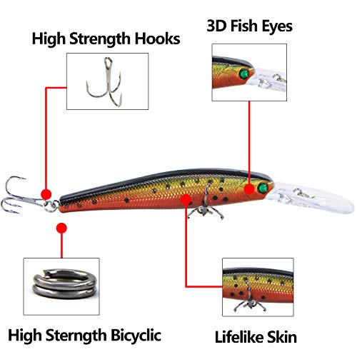 Bass Fishing Lures Kit, Minnow CrankBait VIB Pencil Popper Sinking Wobbler Hard Bait Lures for Bass Trout Walleye Redfish Freshwater Saltwater - color: Combo A-10pcs (5.6" with lip)