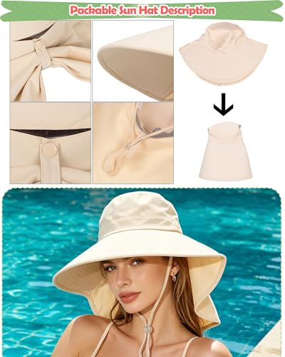 Sun Hats Women UV Protection with Neck Flap Wide-Brim Ponytail Hole Quick-Dry Breathable Hiking Fishing Gardening Hat