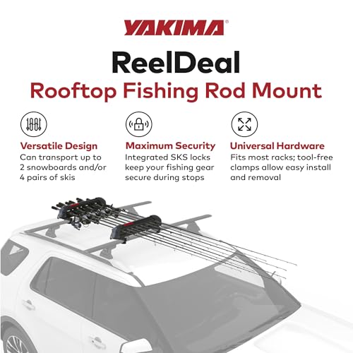 Yakima Fishing Pole Rod Car Rack Mount, ReelDeal 4 Ski & 2 Snowboard Holder w/ SKS Locks - Heavy-Duty and Portable Vehicle Storage Accessories for Travel Organization