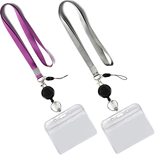 2Pack Lanyards,Horizontal ID Badge Holders, Retractable Reel,Purple,Grey | Lightweight with Metal Hook,for Office etc - color: Grey&purple&badge Reel-badge Holder Horizontal