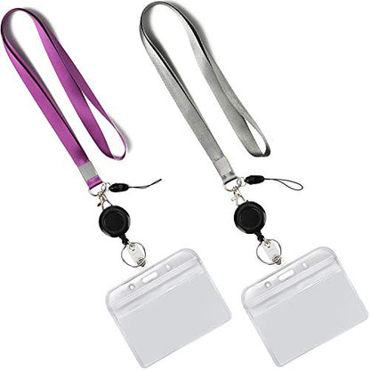 2Pack Lanyards,Horizontal ID Badge Holders, Retractable Reel,Purple,Grey | Lightweight with Metal Hook,for Office etc - color: Grey&purple&badge Reel-badge Holder Horizontal