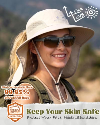 Camptrace Sun Hats for Women Men UPF 50+ UV Protection Wide Brim Hiking Fishing Hat with Neck Flap - color: 01-hot Color Beige