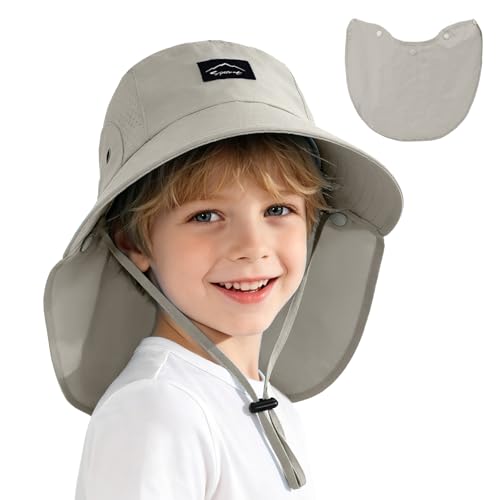 Kids Sun Hat with Detachable Neck Flap for Boys & Girls Wide Brim Fishing Hat for Kids Water Resistant UV Protection - color: 1 Pack-light Gray