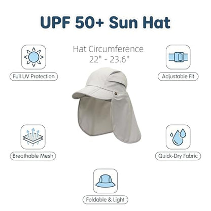 Men Women Safari Fishing Sun Cap with Removable Neck Flap UPF 50+ UV Protection Quick Dry Breathable Hats - color: Beige
