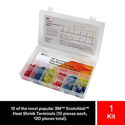 3M Scotchlok Heat Shrink Terminal Kit, SHSTK-1, 1 Kit of 120 Pieces | Selection of 12 Terminals; Refillable Kit is Compact, Portable and Durable - style: Heat shrink terminal kit