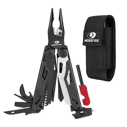 MOSSY OAK 19-in-1 Multitool Pliers Stainless Steel Self-Locking | Includes fire starter, window breaker, whistle, and sheath for camping, hiking, survival, and outdoor adventures - style: 19-in-1 with Fire Starter & Whistle