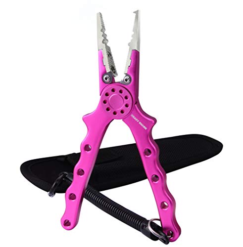 Professional Saltwater/Fresh Water Aluminum Fishing Pliers Tungsten Carbide Cutters Hook Remover with Sheath and Lanyard - color: Pink