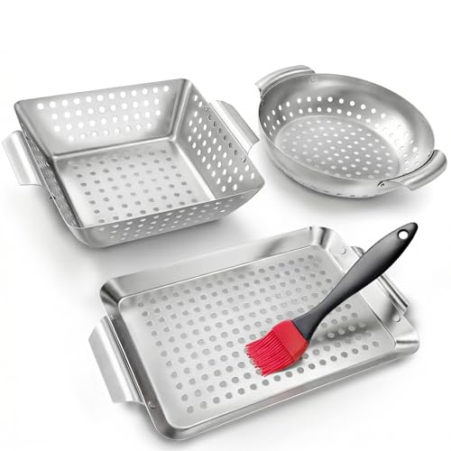 3 Piece Stainless Steel Grill Basket Set with Basting Brush, Heavy Duty Small Vegetable Grill Basket for Outdoor Grill - Perforated Compact BBQ Grill Pan & Wok Accessories for Gas, Charcoal, Veggies