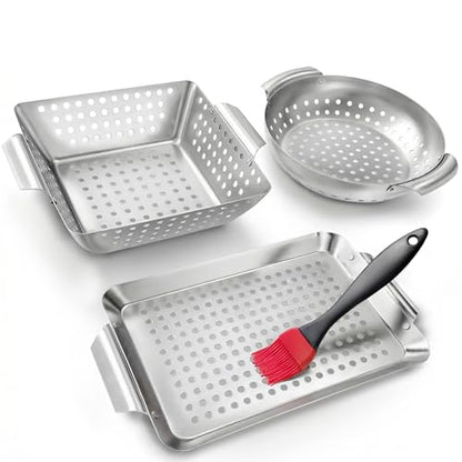 3 Piece Stainless Steel Grill Basket Set with Basting Brush, Heavy Duty Small Vegetable Grill Basket for Outdoor Grill - Perforated Compact BBQ Grill Pan & Wok Accessories for Gas, Charcoal, Veggies