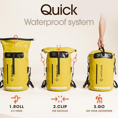 Earth Pak Waterproof Backpack - Heavy Duty Hiking Backpack - Roll-Top Closure Bag - Cushioned Dry Bag Waterproof Phone Case - color: Yellow, size: 55L