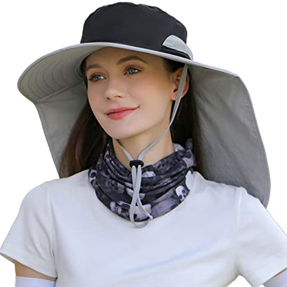 HUAMULAN Women Large Brim Sun Hat with Neck Flap, Men Quick Dry Hiking Fishing Safari Hat UPF 50+ - color: Hyp011-black