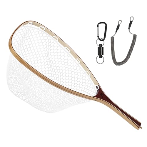 Kylebooker Fly Fishing Landing Net Wooden Frame Trout Fishing Net Soft Rubber Mesh for Catch and Release - color: Square Shape-Small Hole