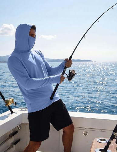 COOFANDY Mens UPF 50+ Sun Protection Hoodie with Mask Lightweight Long Sleeve SPF Fishing Shirts UV Hiking Running Rash Guard - color: Light Blue, size: Medium
