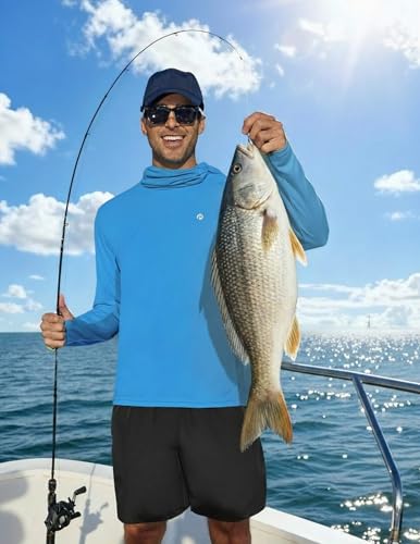 PINSPARK UPF 50+ Sun Protection Hoodie Men with Mask Quick Dry Long Sleeve Fishing Hiking Shirts UV Rash Guard Lightweight - color: Brilliant Blue, size: X-Large