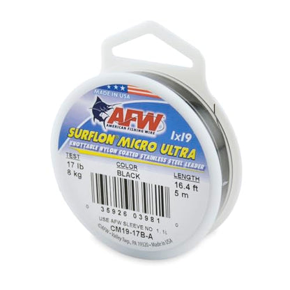 American Fishing Wire Surflon Micro Ultra Nylon Coated 1x19 Stainless Steel Leader Wire - Knottable Fishing Leaders Saltwater & Fly Fishing, 6lb Test - 61lb Test, Bright, Black & Camo Colors - color: Black, style: 5 Meter, 17 Pound Test