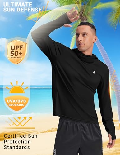 PINSPARK UPF 50+ Sun Protection Hoodie Men with Mask Quick Dry Long Sleeve Fishing Hiking Shirts UV Rash Guard Lightweight - color: Black, size: Small