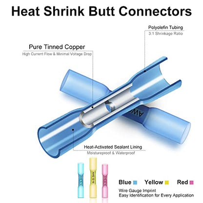 620Pcs Heat Shrink Wire Connectors - Insulated Electrical Terminals Kit - Waterproof Marine Automotive Crimp Connector Assortment - Ring Fork Hook Spade Butt Splices - size: 620PCS