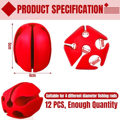 Blueweenly 12 Pcs Portable Silicone Fishing Pole Rod Holder Clips Fixed Ball 5 Holes Multifunctional Rubber Fishing Pole Puller Clips Bike Rod Holder Straps for Travel Ground Car Bike - color: Red