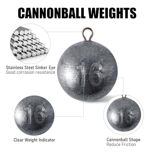 Dr.Fish Cannonball Sinkers Saltwater Lead Fishing Weights Round Ball Sinkers Trolling Downrigger Weights Bottom - size: 3oz-5 Pack