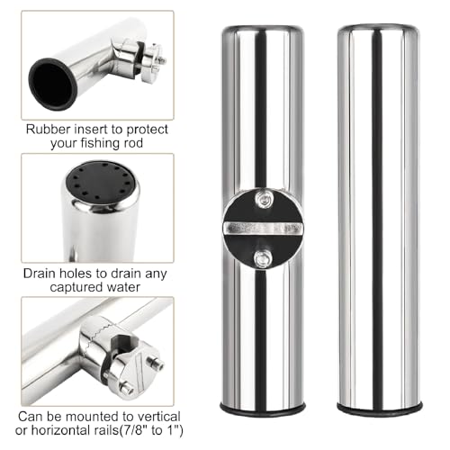 NovelBee 2pcs Stainless Steel Clamp on Fishing Rod Holders with Black Rubber Insert for Rails 7/8" to 1"
