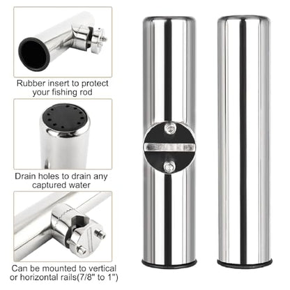 NovelBee 2pcs Stainless Steel Clamp on Fishing Rod Holders with Black Rubber Insert for Rails 7/8" to 1"