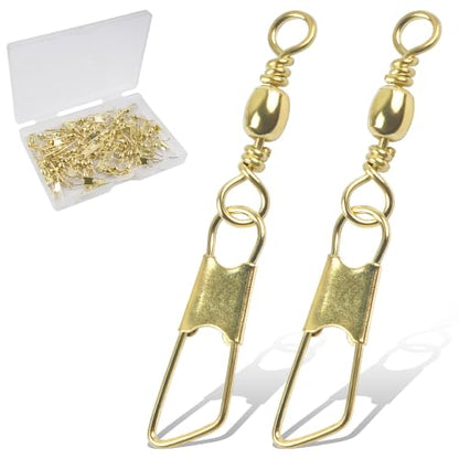 SILANON Fishing Barrel Snap Swivels, 60pcs Barrel Swivels with Safety Snaps Stainless Steel Brass Gold Barrel Swivels Fishing Tackle Solid Ring Lure Leader Line Connectors Saltwater Freshwater - size: 4#-60pcs