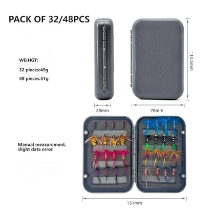 Fly Fishing Flies Kit-12pcs/32pcs/48pcs/64pcs Trout Flies Fly Fishing Lures with Fly Fishing Box Fly Fishing Assortment Kit for Bass Fly Fishing Flies Dry Wet Flies